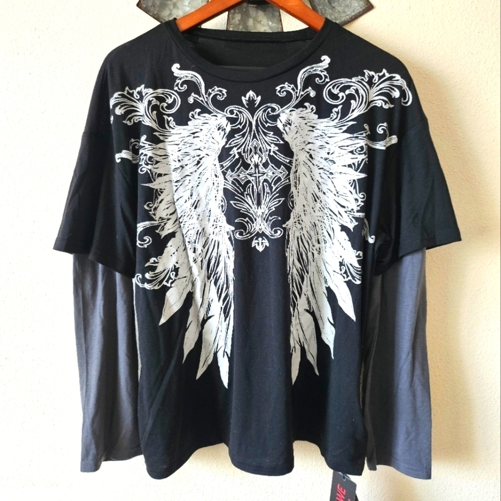 Romwe Grunge Punk Plus 2 in 1 Wings Print Tee, School Long Sleeve Shirt size L.